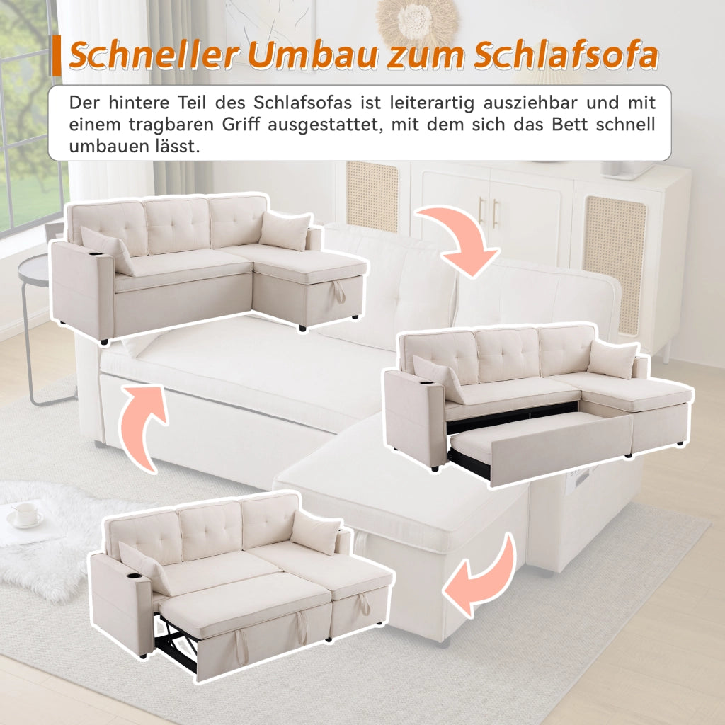 Divano Letto ad Angolo con Chaise Longue Reversibile; Contenitore e Portabicchieri; in Cotone e Lino Beige