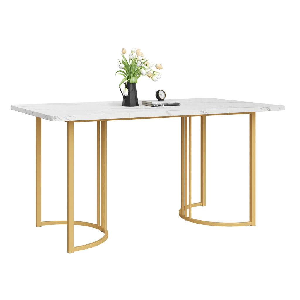 Tavolo da pranzo 140x80x75 cm con motivo marmo e piedini regolabili in MDF bianco