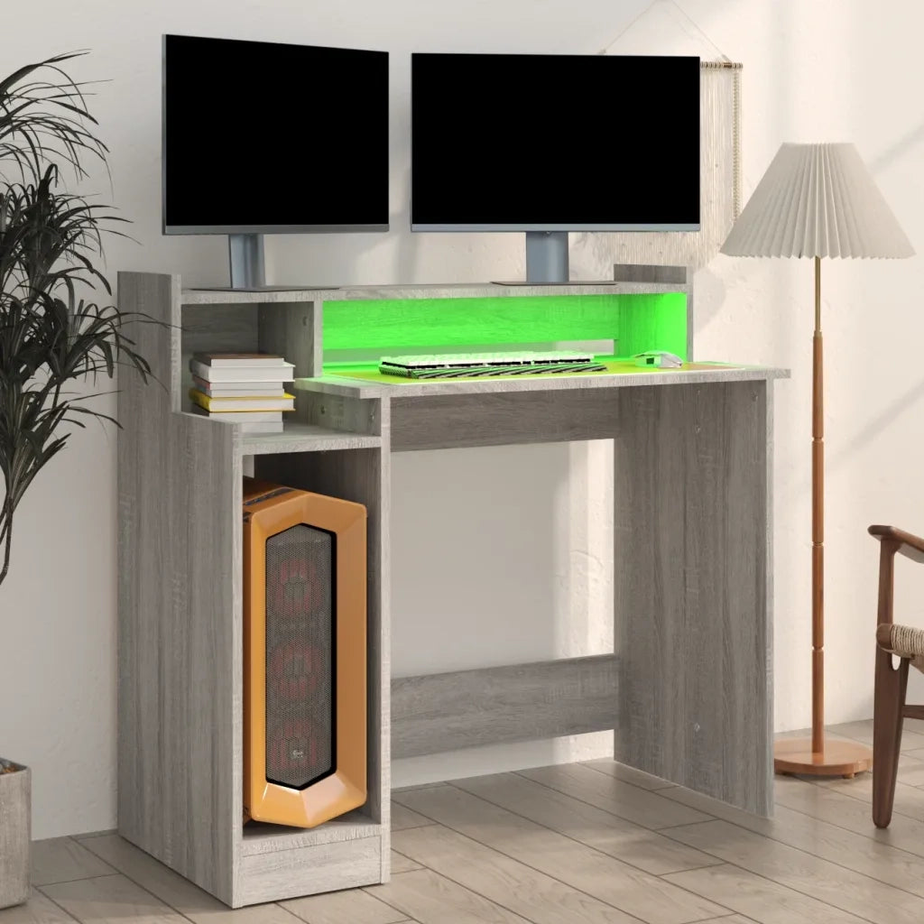 Scrivania | Tavolo da Ufficio con Luci LED Grigio Sonoma 97x45x90 cm in Multistrato