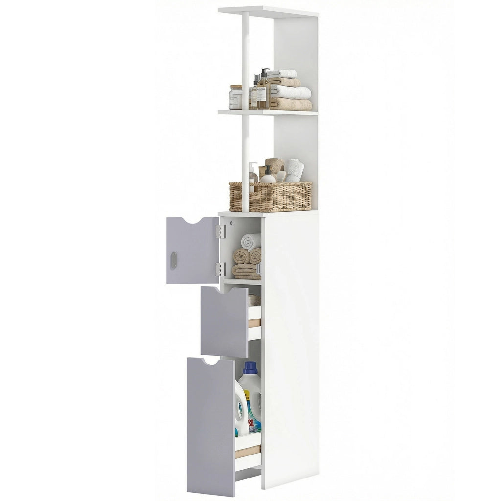 Colonna Bagno Moderna con 2 Ripiani 2 Cassetti e Anta ¨C zephmum ¨C Bianco 15x33x136,8 cm