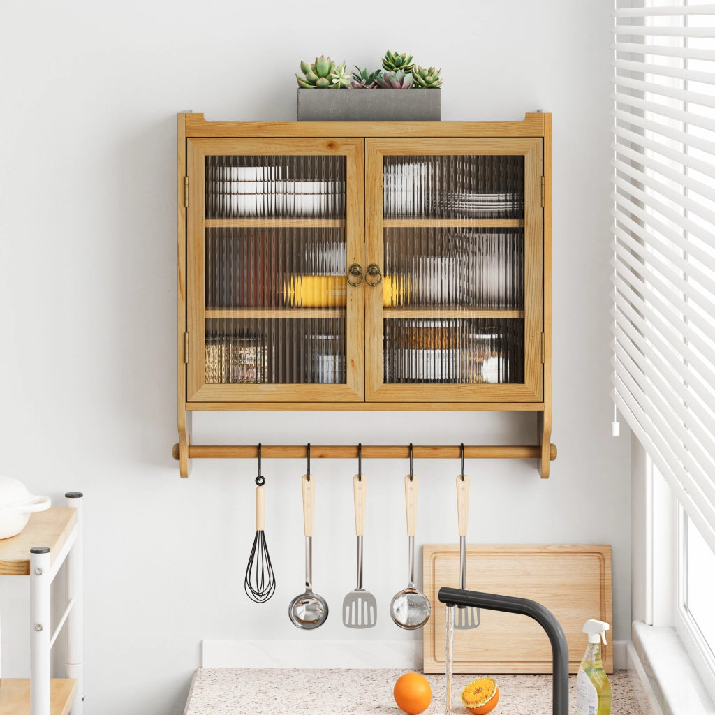 Pensile con 2 Ante; 3 Ripiani rimovibili e Portaasciugamani per Bagno in Legno; 63×18×60 cm; Naturale