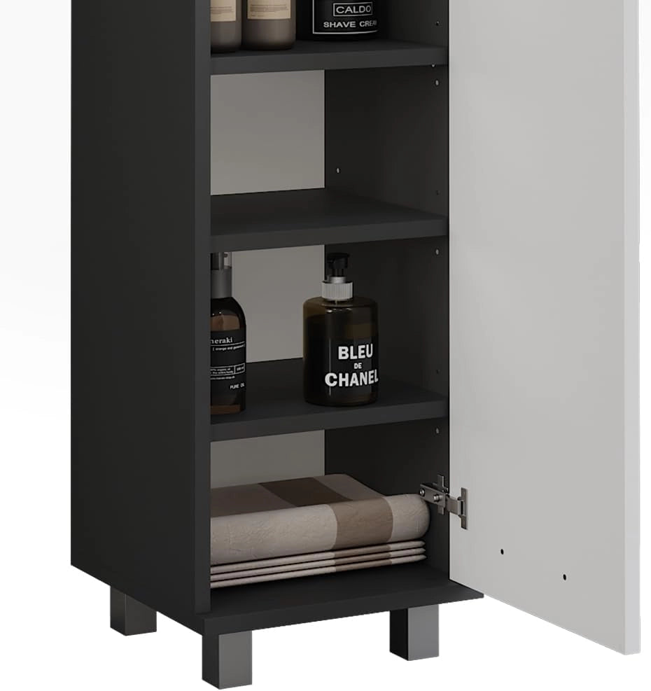 Mobiletto midi Ilias, Antracite/bianco, 30.2 x 95 cm con porta, per la conservazione di articoli da bagno e asciugamani