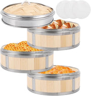 Pannello a vapore in bambù 3 strati - con anello in acciaio inossidabile - per riso/zuppa/pesce - pieghevole - pasti salutari