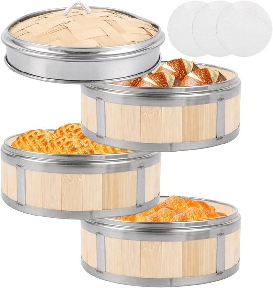 Pannello a vapore in bambù 3 strati - con anello in acciaio inossidabile - per riso/zuppa/pesce - pieghevole - pasti salutari