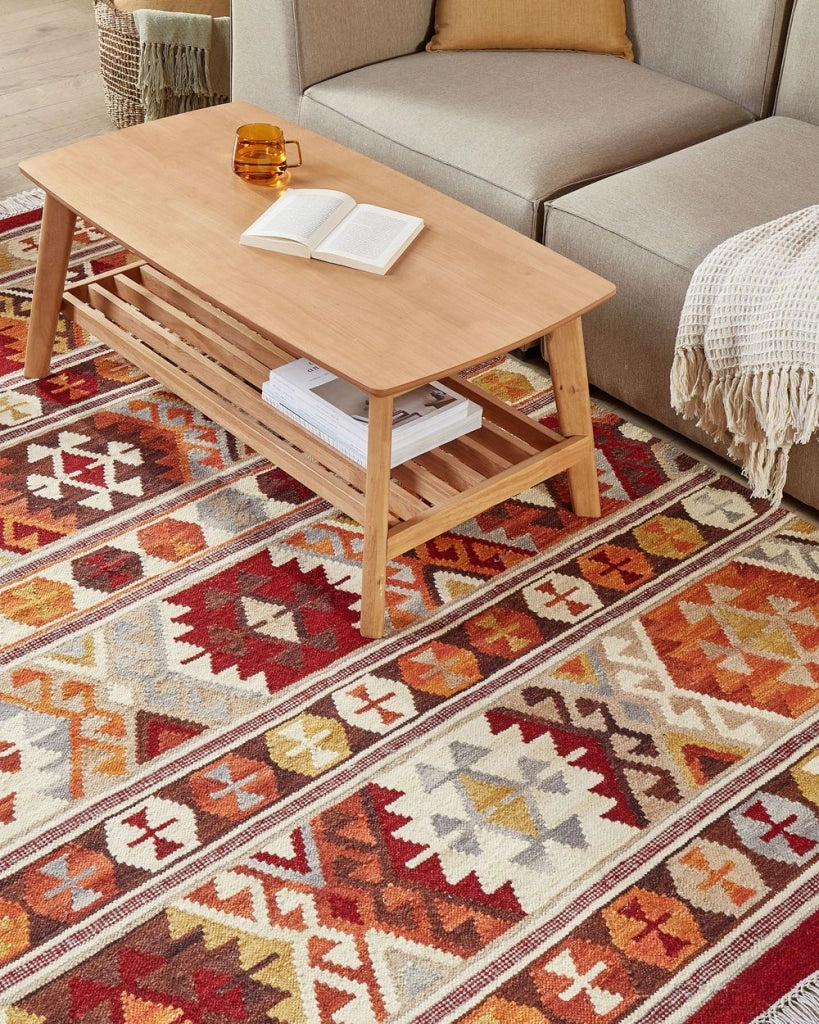 Tappeto Kilim multicolore in lana e cotone 200 x 300 cm Fatto a mano con motivo Boho e frange