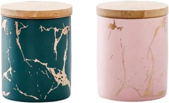 Set di 2 contenitori di conservazione ceramici con coperchi - conservazione tè, caffè e zucchero - contenitori di cibo a chiusura ermetica per la cucina - verde e rosa