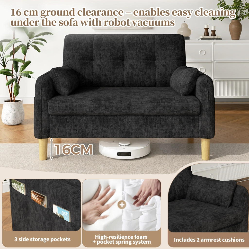 Moderno divano a due posti con cuscini spessi e morbidi, 2 cuscini decorativi e una tasca laterale portaoggetti, ideale per soggiorni, camere da letto