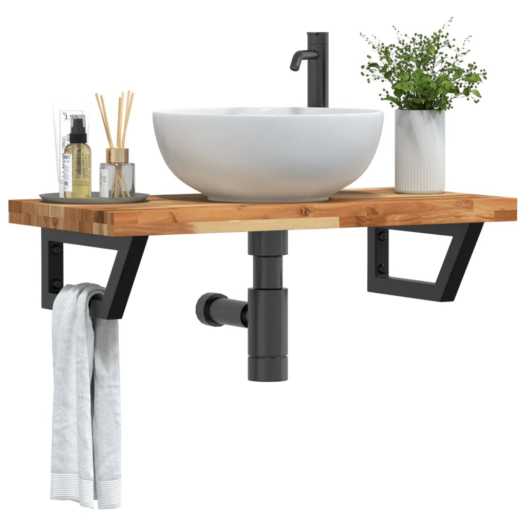 Ripiano a Parete per Lavabo-Mensole a Muro in Acciaio e Massello di Acacia 815404