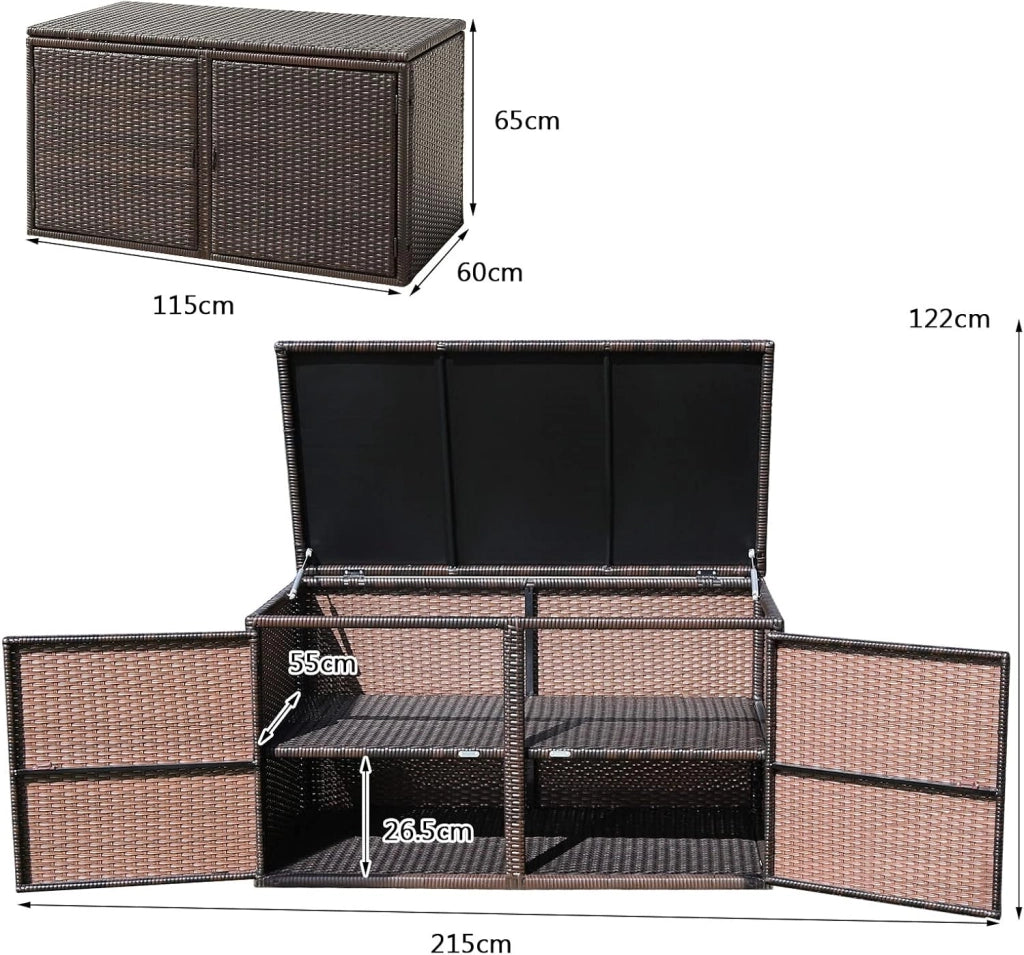 Cassapanca Per Esterni in Metallo e PE Rattan, Ideale Per Tenere in Ordine, 310 L,115 x 60 x 65/120 cm, 2 Colori (Marrone)