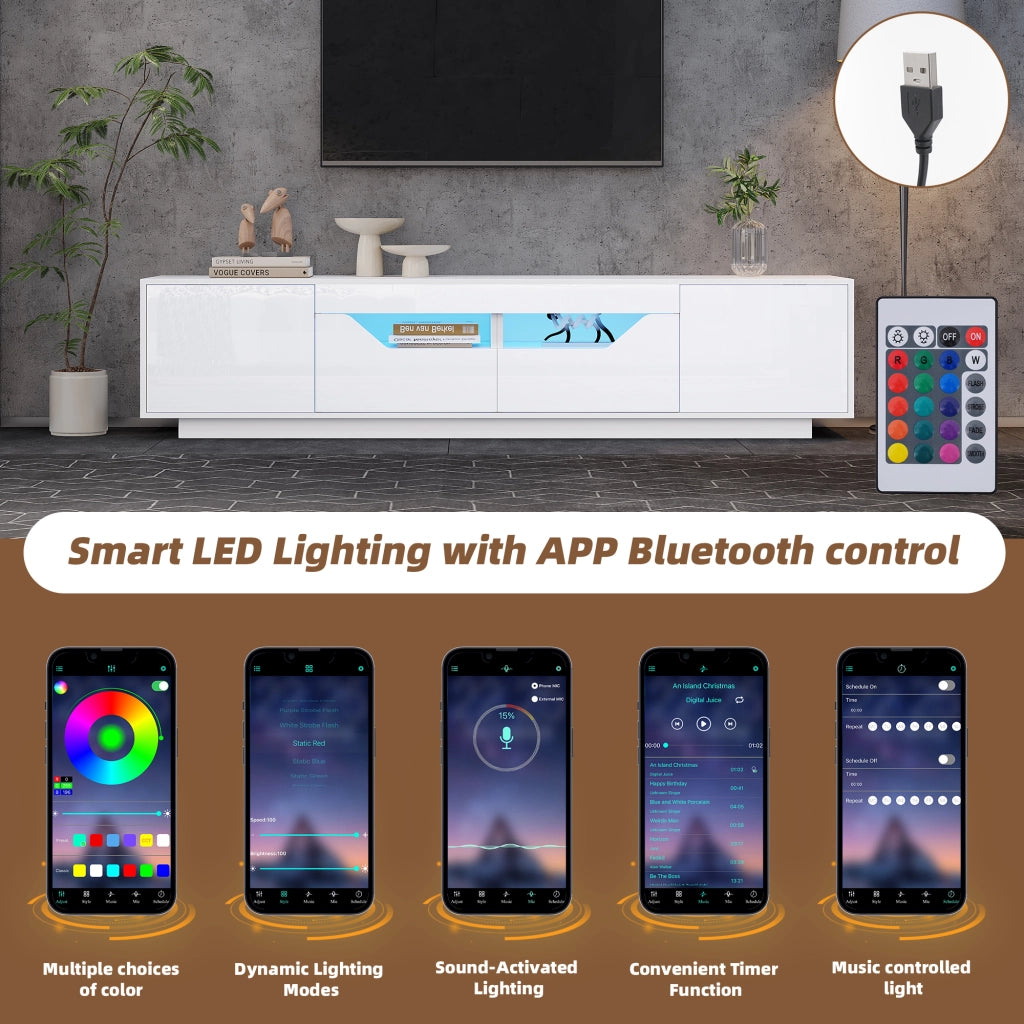 Mobile porta TV con 2 cassetti, 2 vani aperti e 2 ante, LED, legno truciolare bianco 180 × 40 × 45 cm