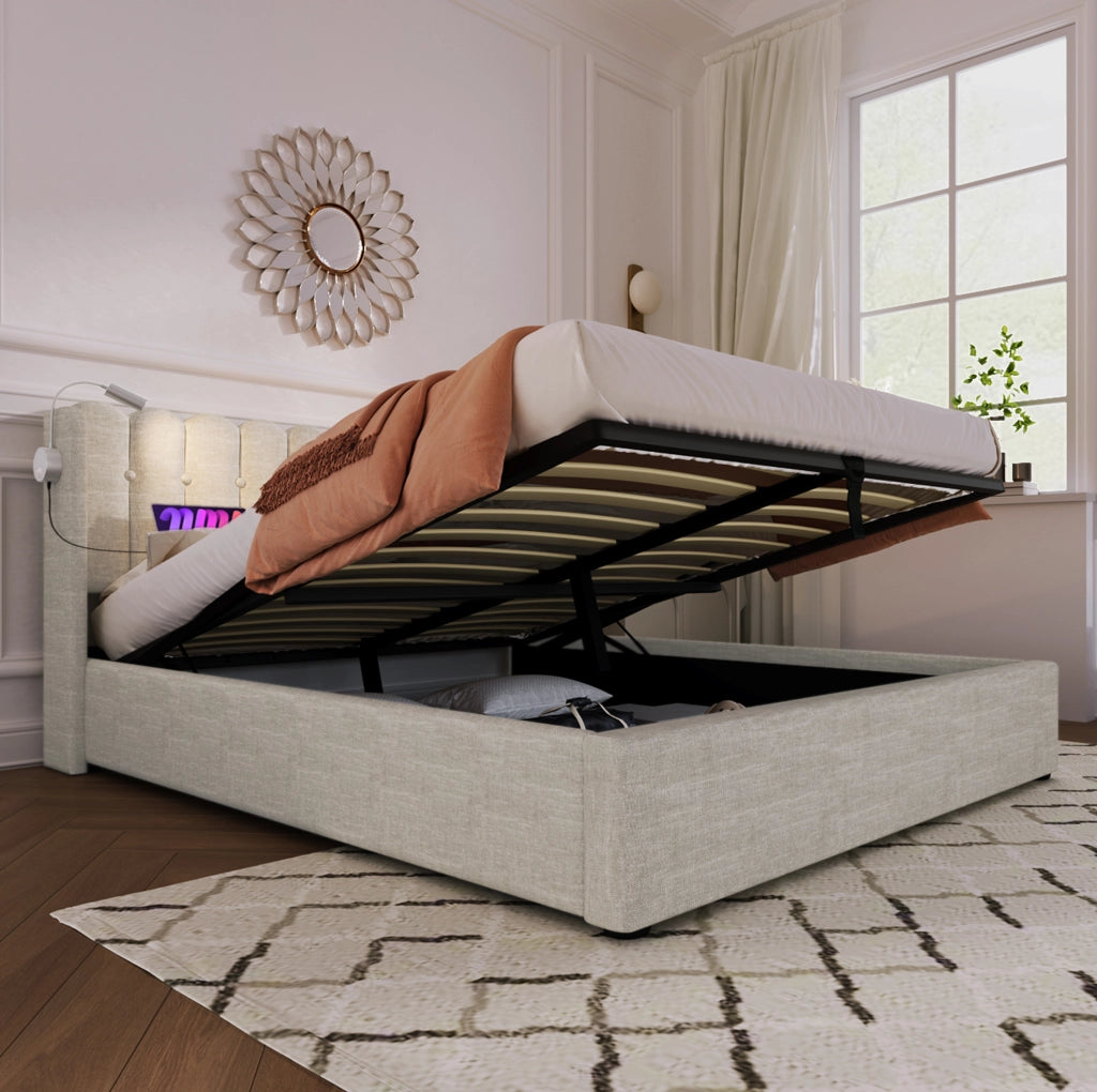 Letto matrimoniale con contenitore; luce da lettura e 2 USB 160x200 cm; naturale