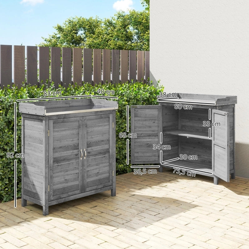 Mobile da giardino con banco da lavoro, armadio portasciugliastrumenti in legno grigio con piano zincato