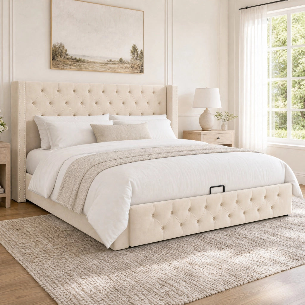 Letto matrimoniale imbottito 160x200 cm in velluto beige con contenitore e rete a doghe, stile Chesterfield