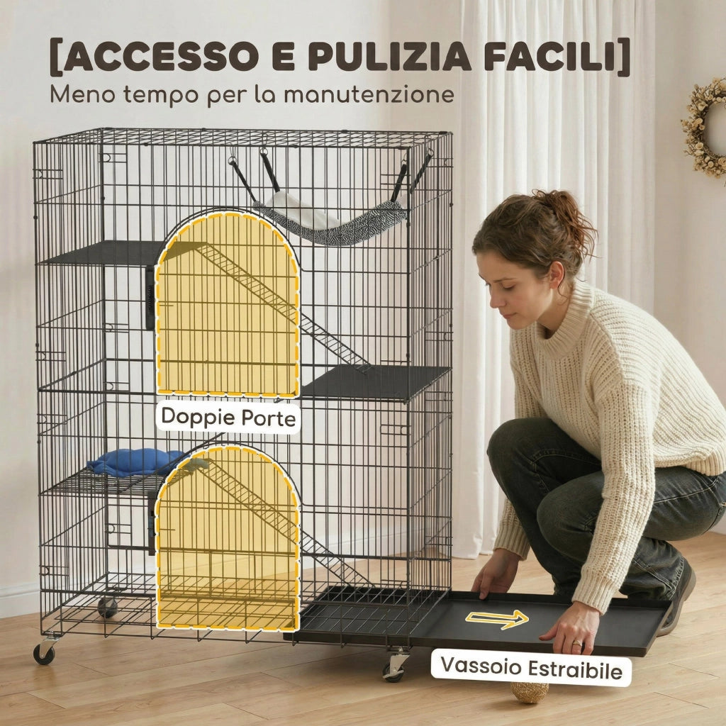 Gabbia Gatti a 4 Livelli con Letto e Amaca ¨C Zephmum ¨C Nero, Metallo, con Ruote e Vassoio Estraibile