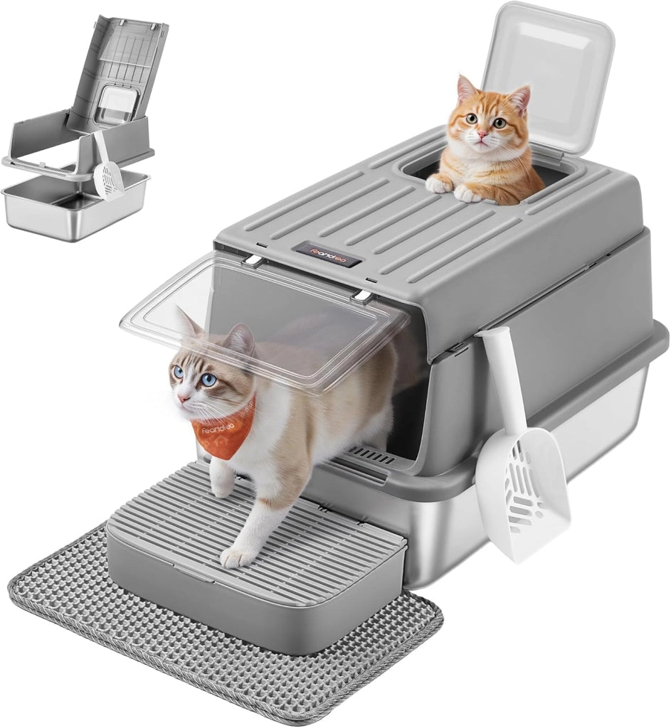 Feandrea Lettiera per Gatti in Acciaio Inox, Toilette per Gatti fino a 15 kg con Coperchio, con Paletta, Tappetino per Lettiera e 2 Ingressi, Grigio Tortora PPT007GN01