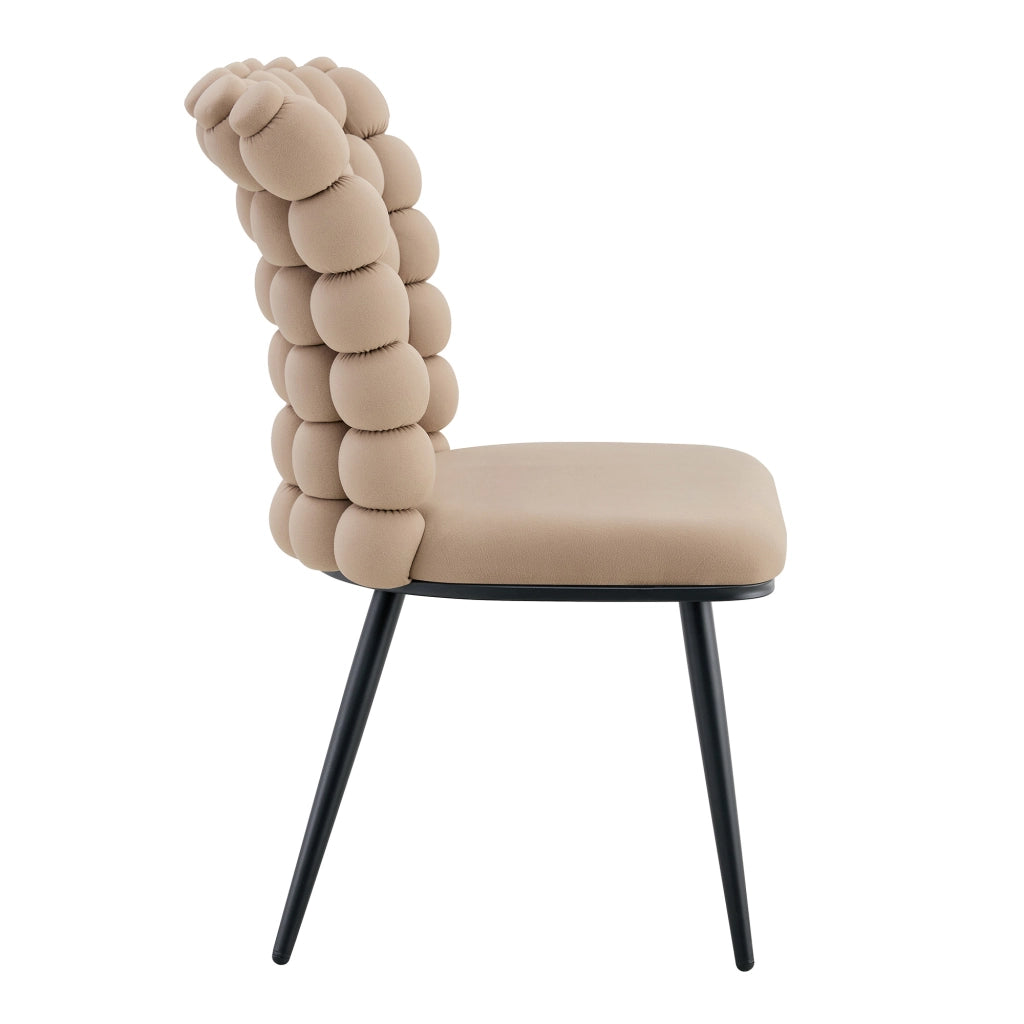 Sedia da Pranzo con Schienale a Catena di Sfere, Design Moderno, in Velluto e Metallo, Cammello