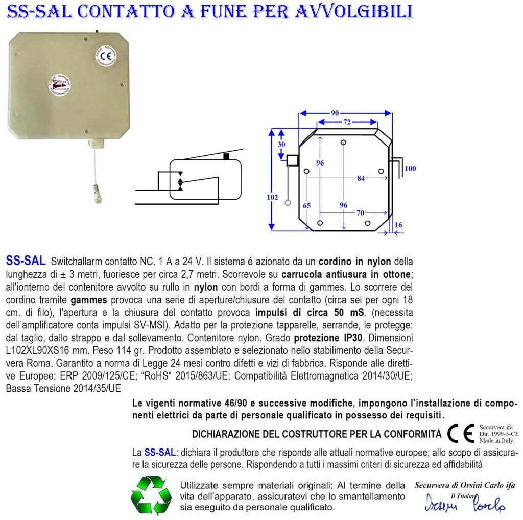 Sensore Antifurto a Cordino 10 Pezzi Protegge Tapparelle dal Taglio Strappo e Sollevamento Fune in Nylon Scorre su Carrucola in Ottone Sintap Impulsi Veloci 4/6 mS Allarme Necessita di Conta Impulsi