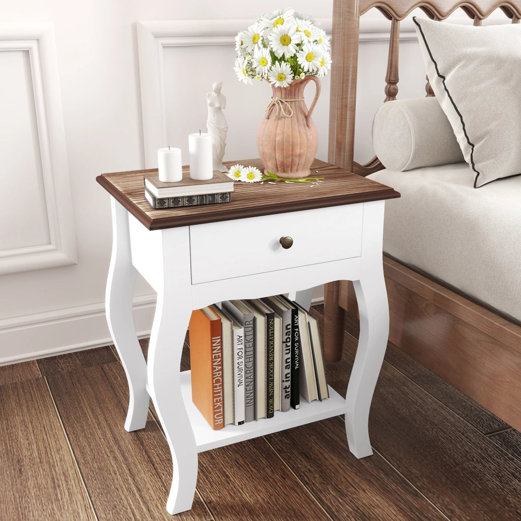 Comodino in Stile Francese con Cassetto 45x35x55 cm in MDF Bianco e Rovere