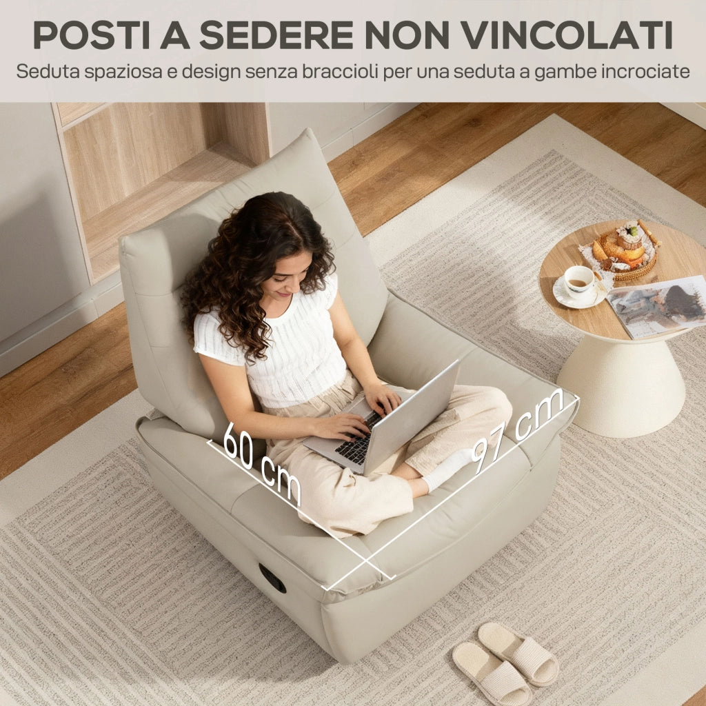 Poltrona Relax Reclinabile Manualmente con Poggiapiedi e Base Girevole Senza Braccioli Crema