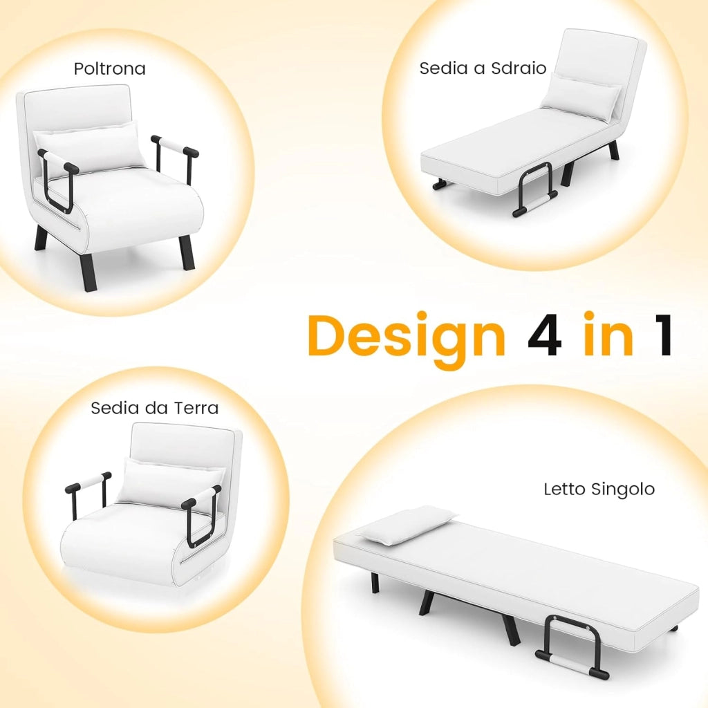 4 in 1 Poltrona Letto Singolo, Poltroncina Pieghevole con Schienale Regolabile in 6 Posizioni, Sedile Imbottito Robusto, Divano Letto per Casa Ufficio, 79x65x79 cm (Bianco)