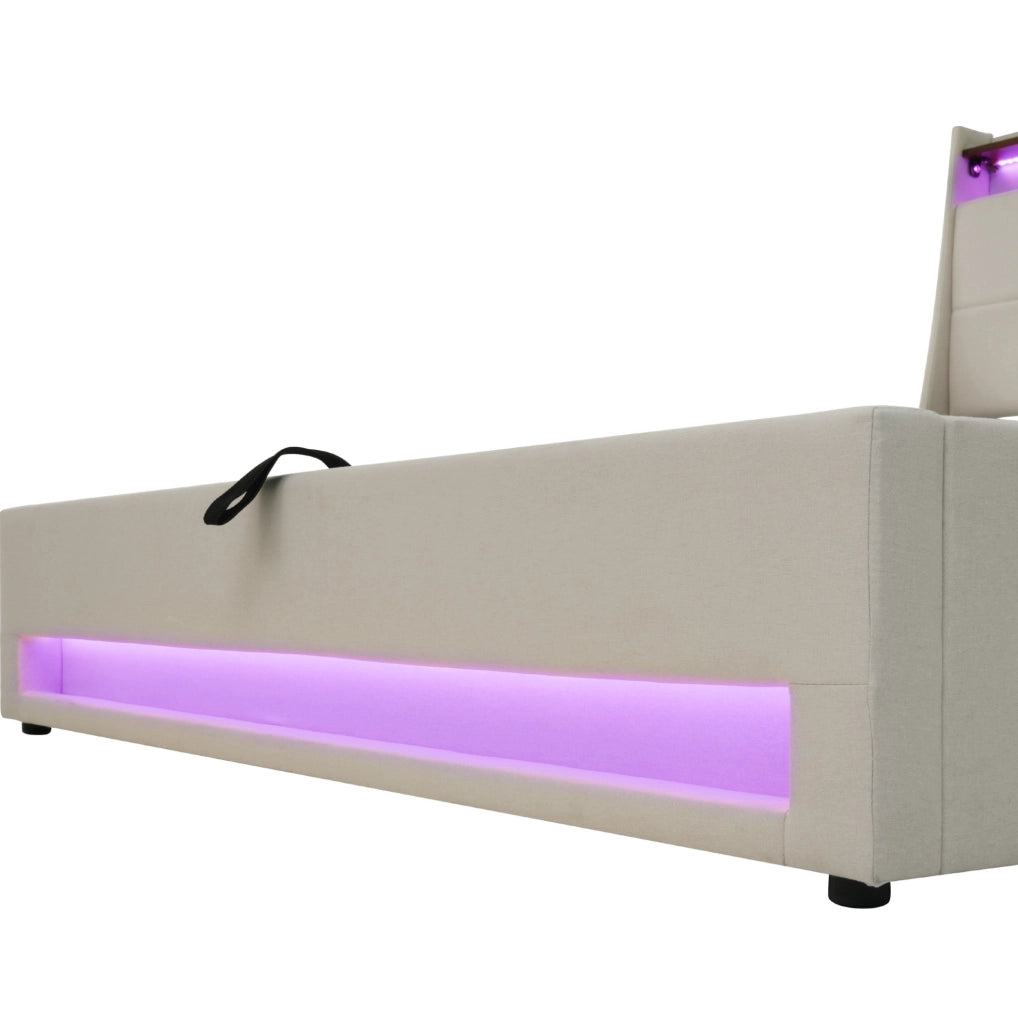 Letto imbottito 90x200 cm con contenitore; LED e USB; beige chiaro