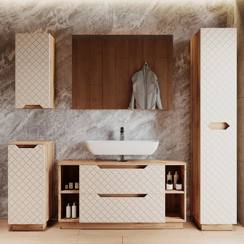 Vicco Set di mobili da bagno Rovere/cashmere con struttura in piastrelle 2 parti