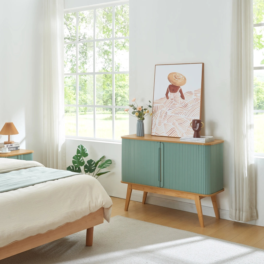 Armadietto Tysvær con 2 Ante Scorrevoli - Naturale / Azzurro [en.casa]