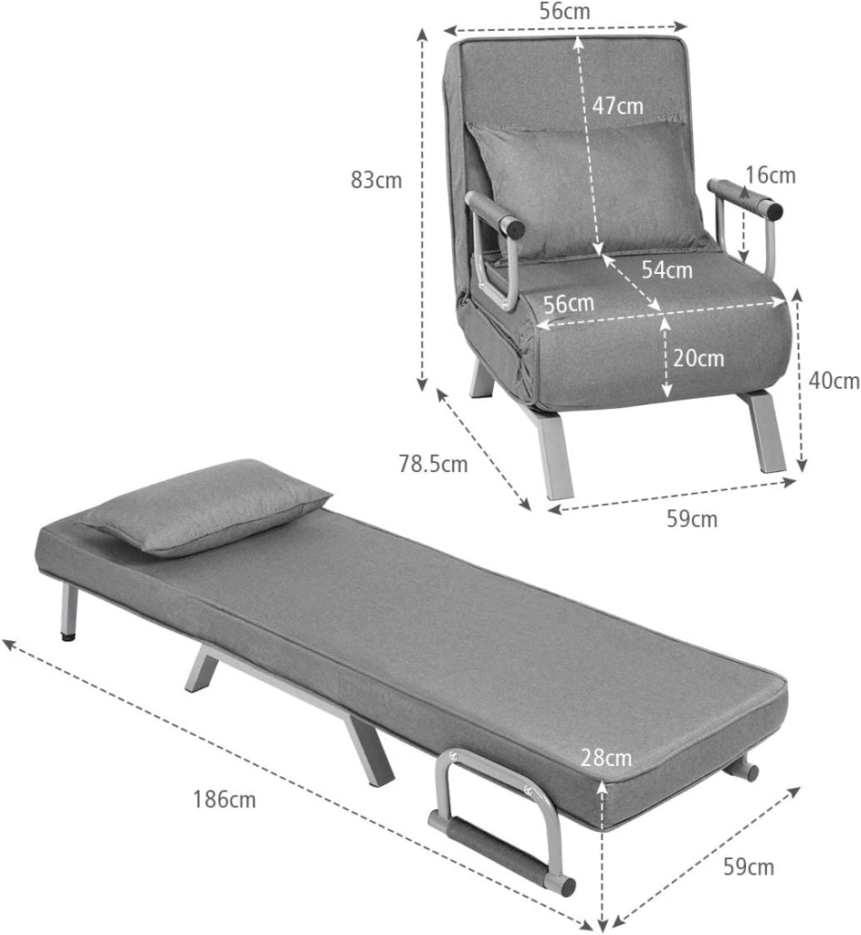 2 in 1 Poltrona Letto Pieghevole, Schienale Regolabile a 5 Livelli, con Braccioli e Cuscinetto, Chaise Longue Soggiorno, Telaio in Metallo, Carico di 150 kg, 59x78,5x83 cm, 5 Colori