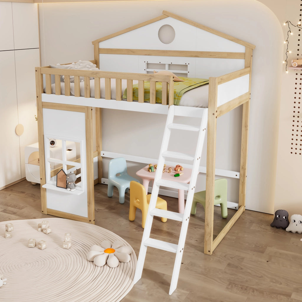 Letto a castello per bambini - Zephmum- Con scala, tetto, finestra e protezioni- 90x200cm- Bianco e naturale