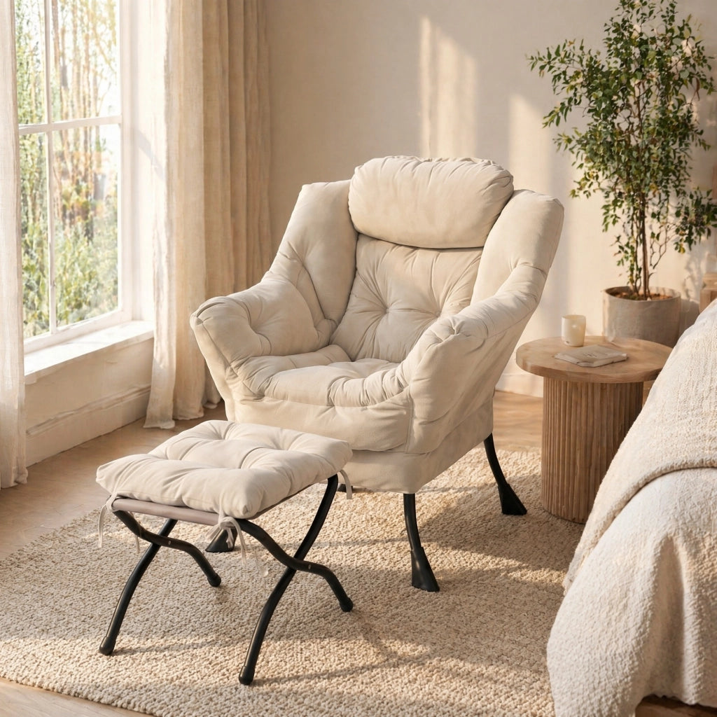 SEDIA Relax con Poggiapiedi Set da 2 pezzi Beige Tessuto e Metallo