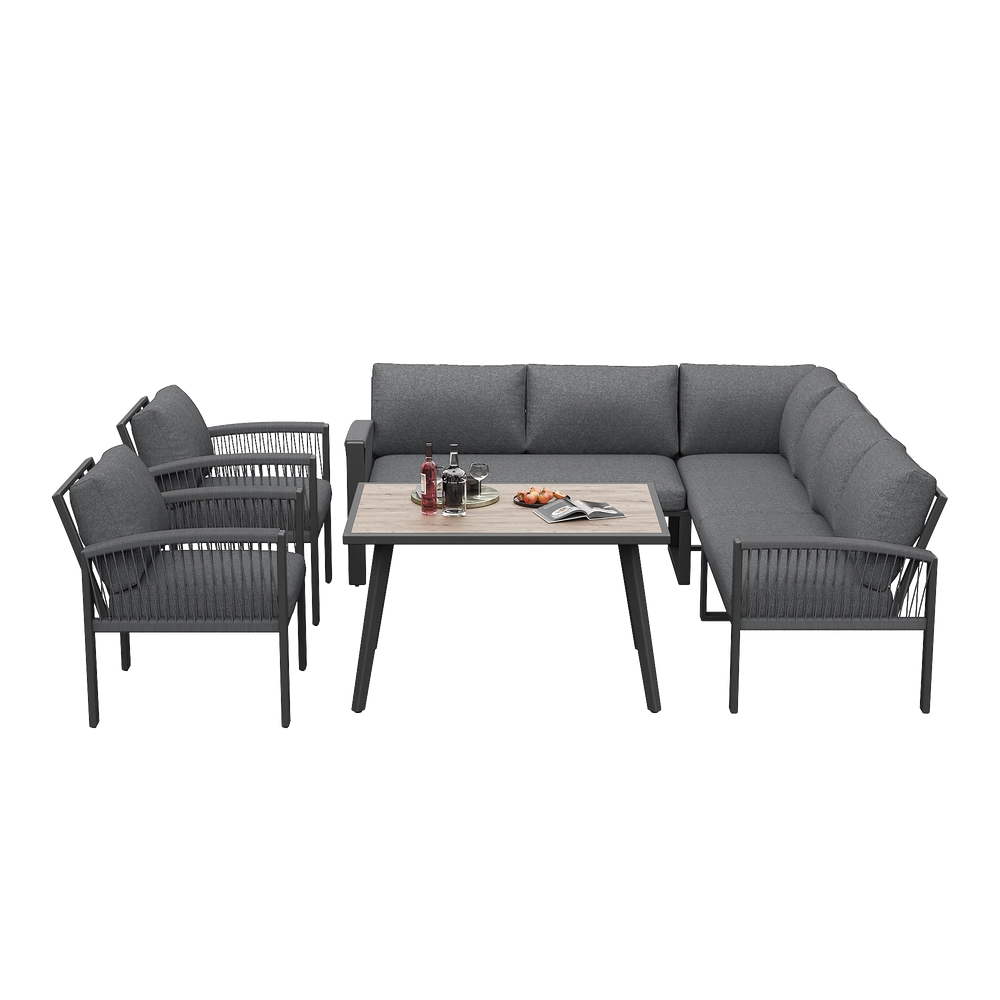 Set Lounge da Giardino 8 Posti con Tavolo ¨C Xylo ¨C Grigio, Corda, Piano Effetto Legno