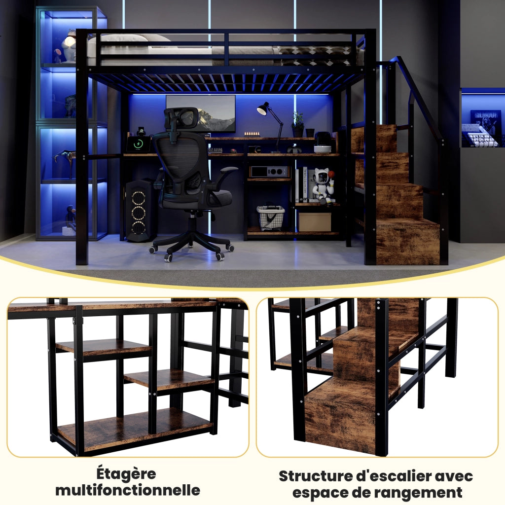 Letto a soppalco 140x200 cm per 2 persone con scala contenitore, prese USB/Type-C, ripiano e illuminazione LED, metallo nero