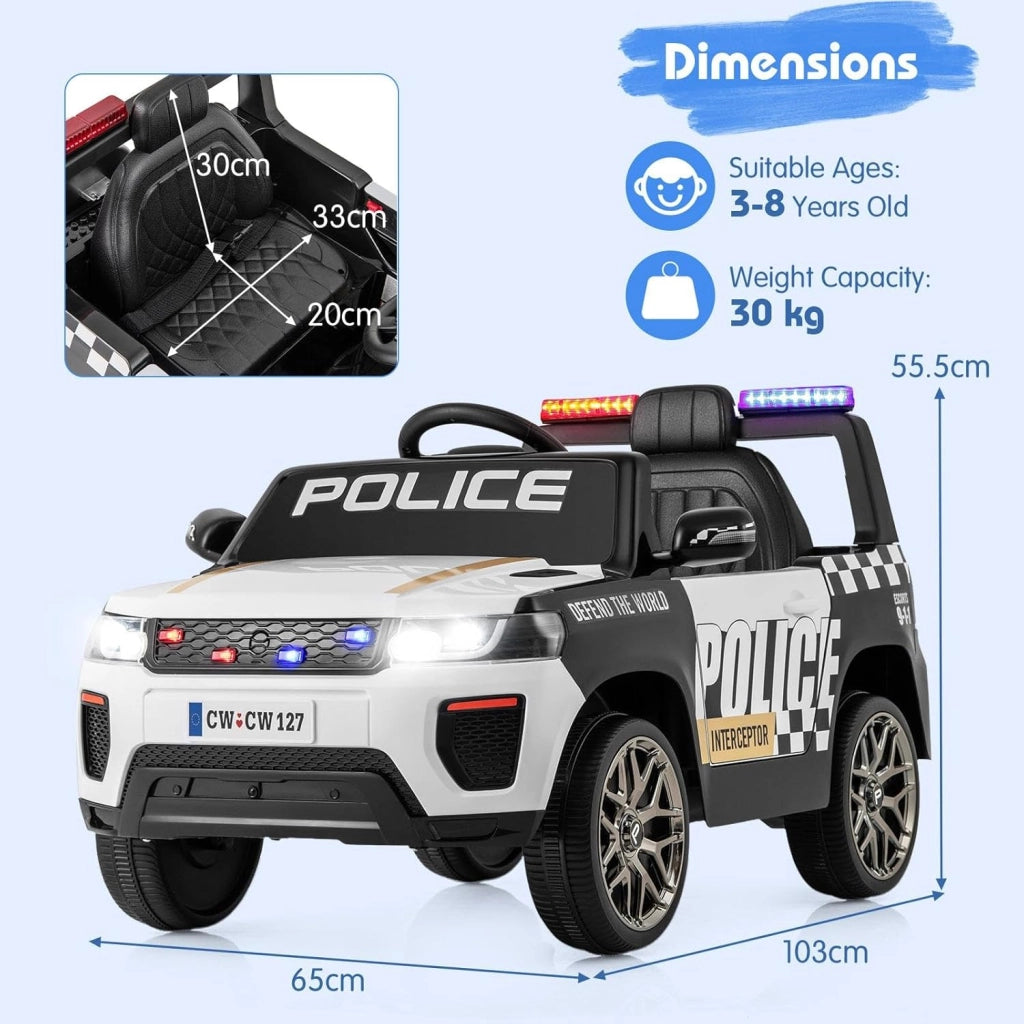 Macchina Elettrica della Polizia per Bambini 12V con Telecomando, Auto Elettrico a Pedale, Veicoli con Sirena, Musica, Fari LED, USB e Radio, 3 km/h, Carico 30 kg, 3-8 Anni (Bianco)