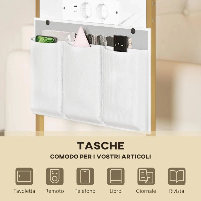 TAVOLINO DA SALOTTO A FORMA DI C EFFETTO MARMO CON PRESE DI CORRENTE E USB INTEGRATE, BIANCO