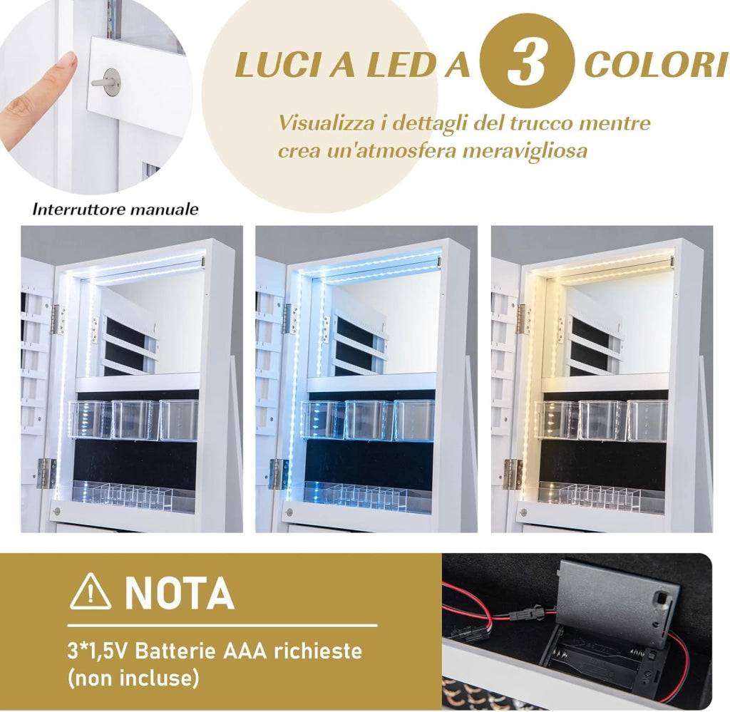 Armadietto per Gioielli Girevole a 360°, con Specchio a Figura Intera Luce a LED a 3 Colori, Specchio Interno per il Trucco con Serratura, 54,5 x 54,5 x 161cm (BIANCO)