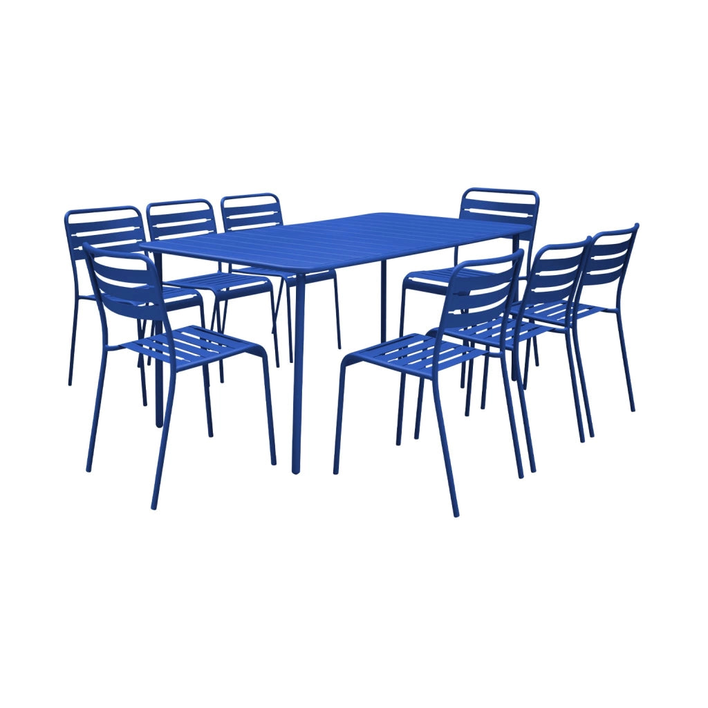 Set tavolo da giardino in acciaio con 8 sedie, 160cm, blu elettrico