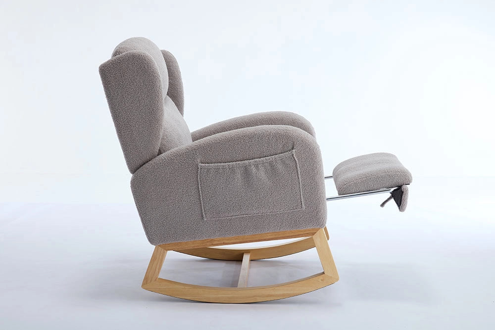 Sedia a dondolo per allattamento - Xylo - Struttura in legno, tessuto Teddy, poggiapiedi regolabile, grigio
