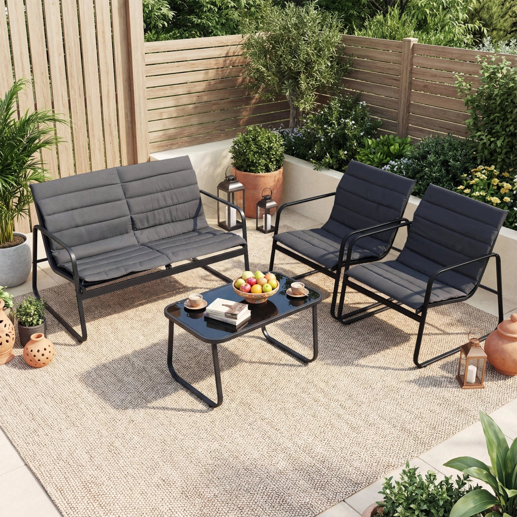 Mobili esterno 4 pz salotto patio cuscini morbidi tavolino vetro temperato-Mobili sedie giardino veranda balcone cortile