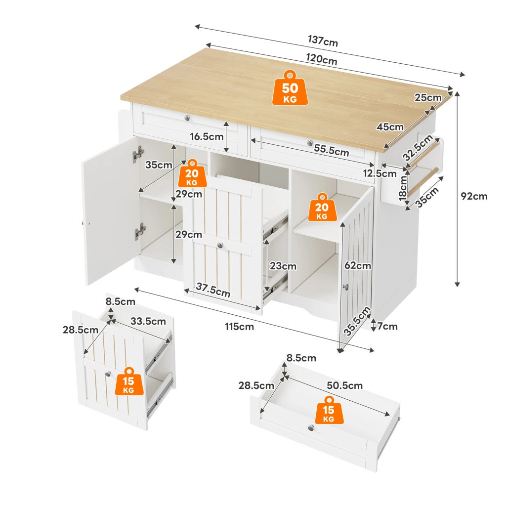 Isola cucina mobile con piano richiudibile, cassetti verticali e ruote bloccabili, 120 x 45(70) x 92 cm