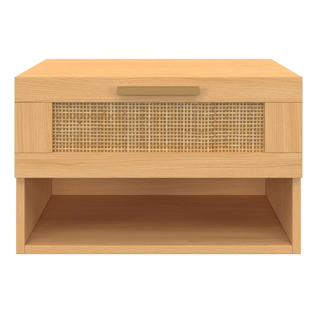 IDMarket - Set di 2 comodini a muro a 1 cassetto ROBERT con nicchia in legno e canna effetto naturale