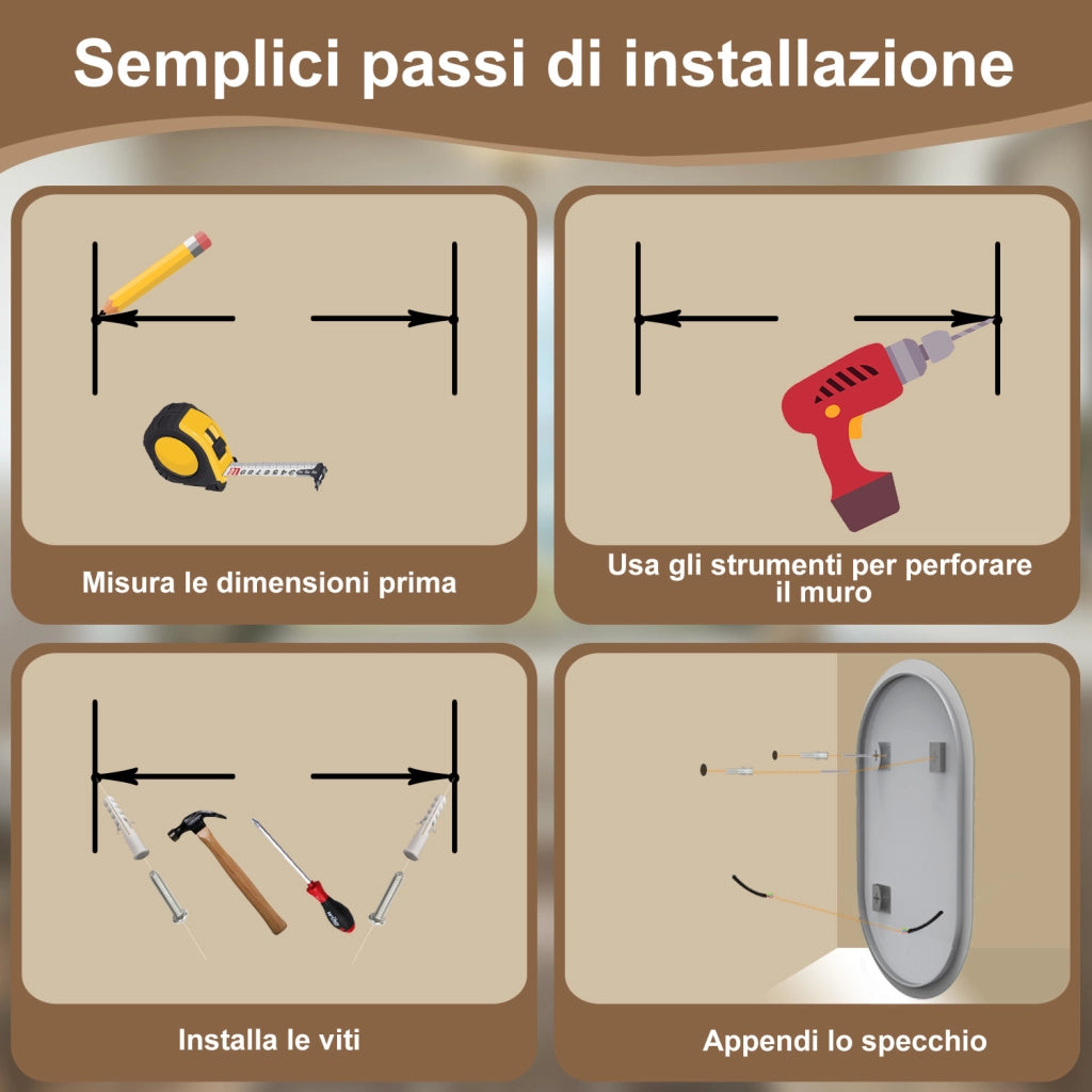 50 x 90 cm Specchio con illuminazione integrata bagno ciottolo. Touch. Pellicola Antideflagrante