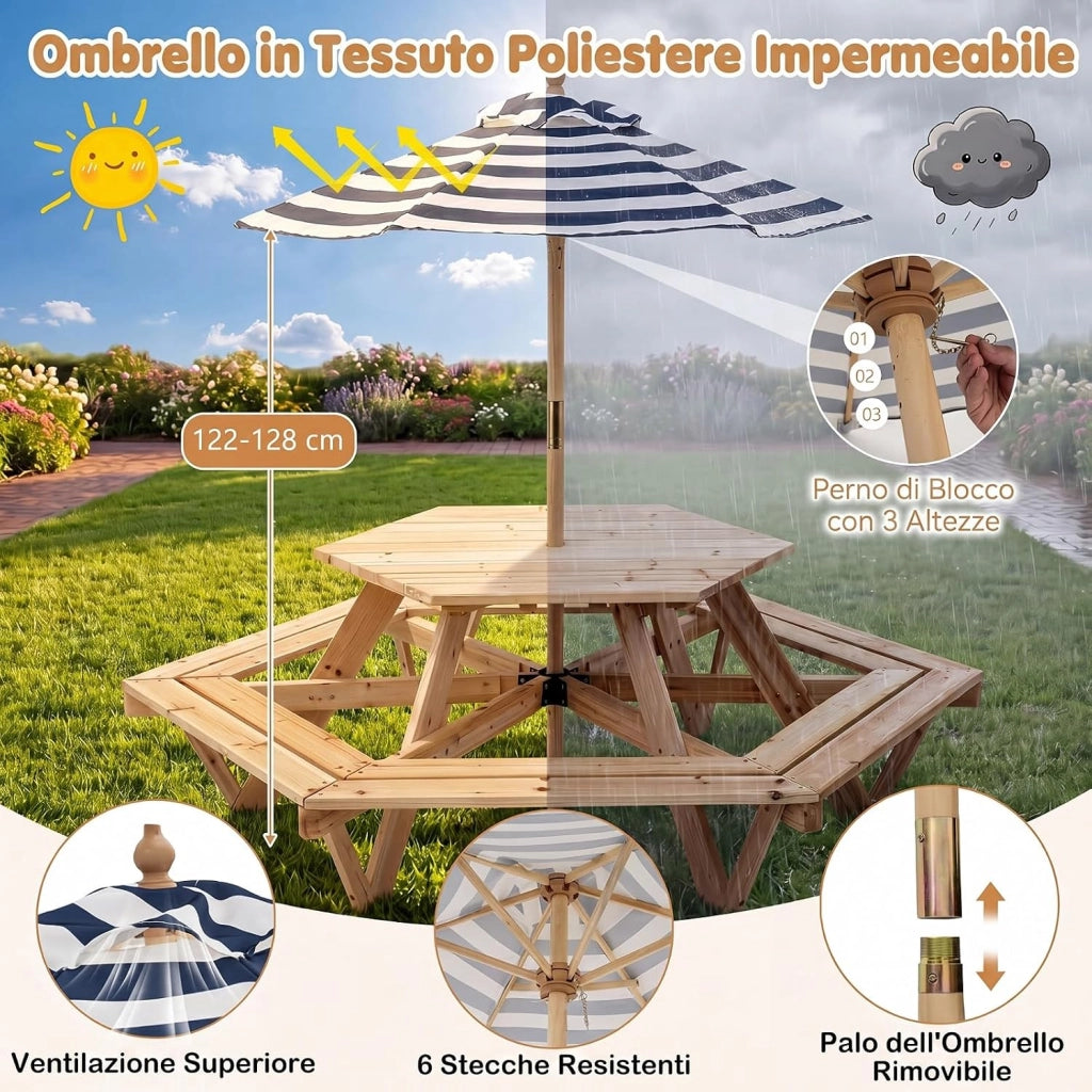 Tavolo Esagonale da Picnic per Bambini 3+ Anni con 6 Panche | Tavolino in Legno Massello con Ombrellone Rimovibile e Regolabile per Giardino, Balcone e Cameretta
