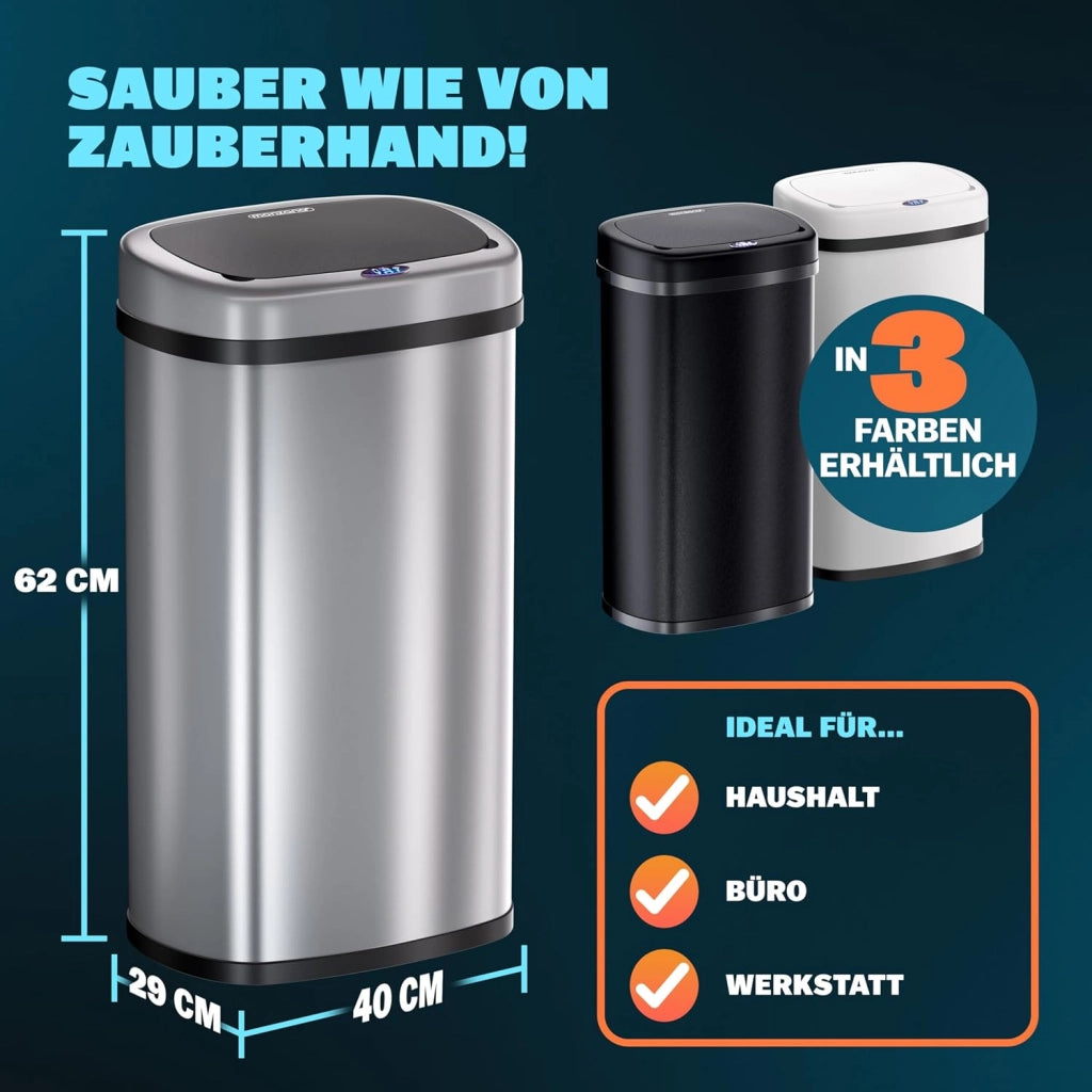 ® Cestino per Rifiuti con Sensore 50L in Acciaio Inox Pattumiera con Fissaggio Coperchio incl. Cavo USB Secchio Display LED