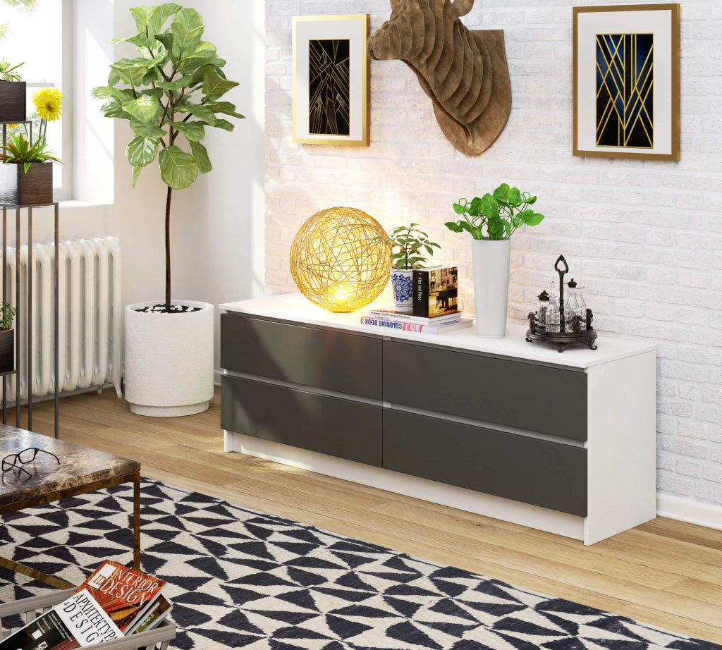 Cassettiera AKORD K160 Bianca 160 cm 4 cassetti inserto frontale Grigio Grafite 160x40x55 cm