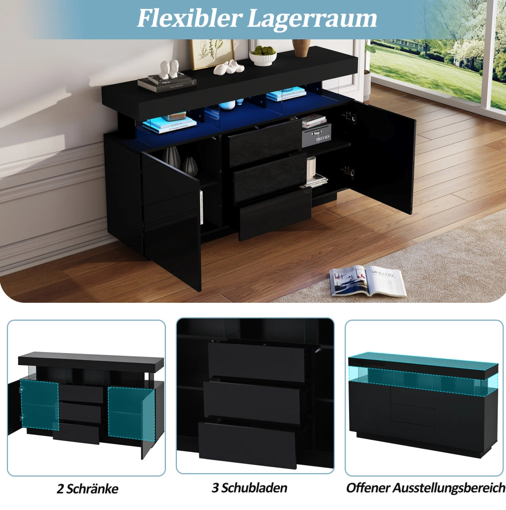 Credenza 140x35x80 cm con LED; 3 cassetti e vani aperti in truciolare e acrilico nero