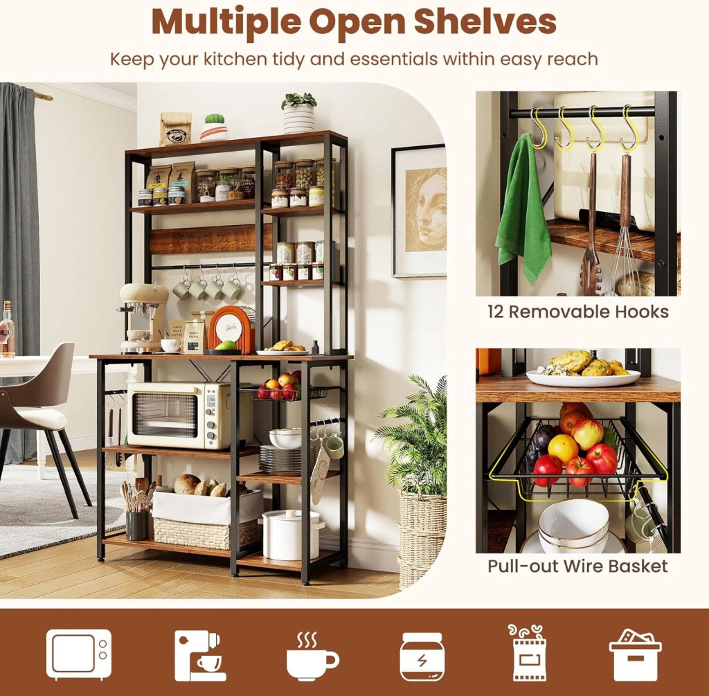Scaffale da cucina con stazione di ricarica, scaffale da forno con piano di lavoro, scaffale da cucina, scaffale a microonde con 9 ripiani e ganci e cestello metallico, in legno e telaio in