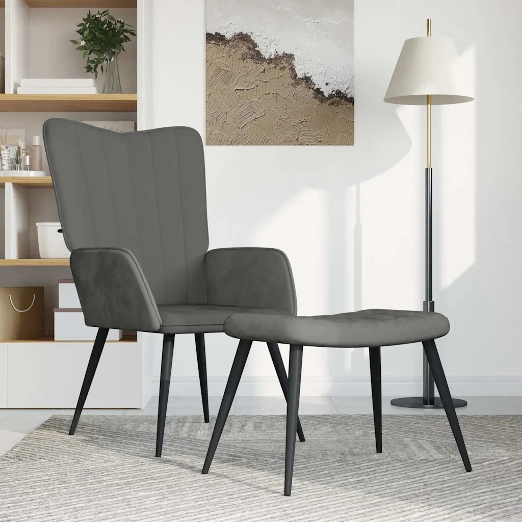 Divano Sedia-Poltrona Relax con Sgabello Grigio Scuro in Velluto