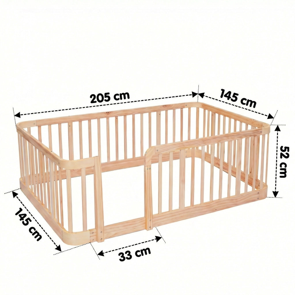 Recinto modulare per bambini 140 × 200 cm in legno naturale con sbarre da 7 cm, bordi arrotondati, senza materasso