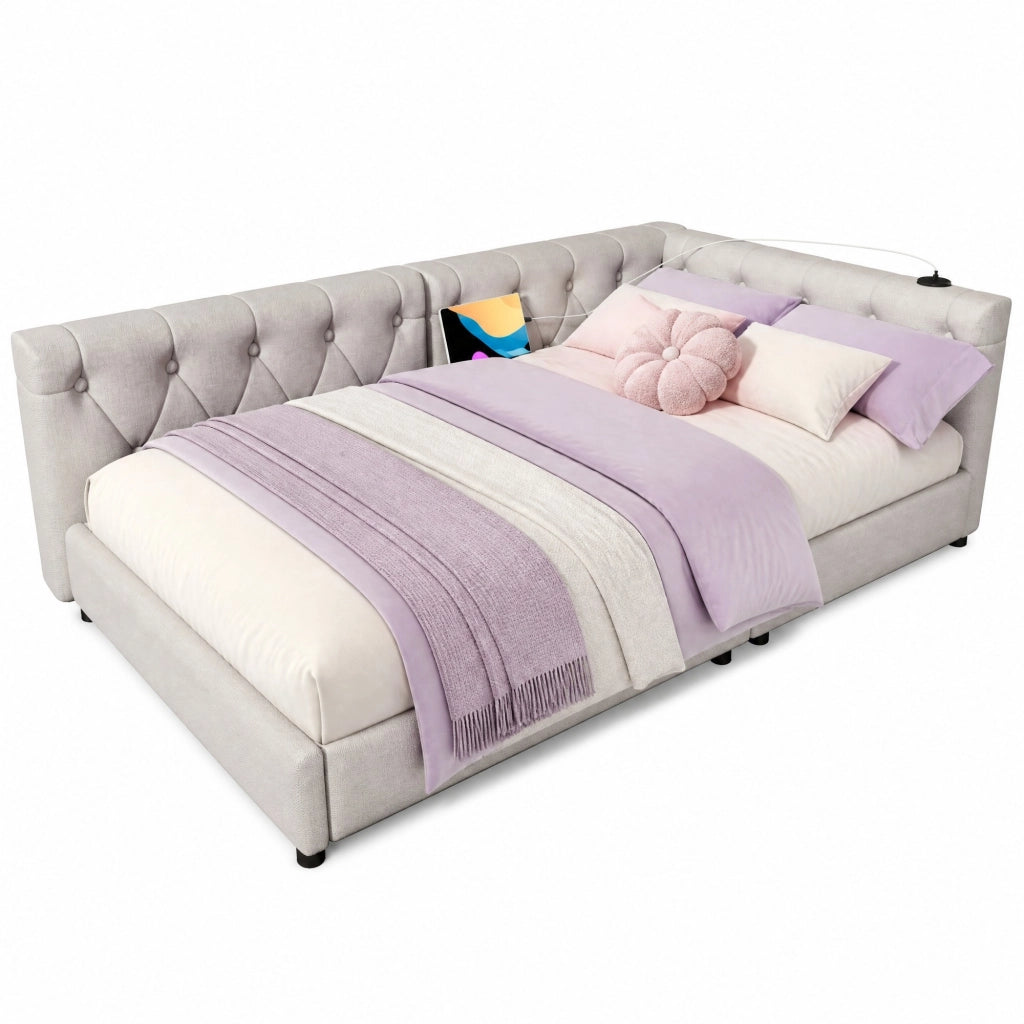 Divano letto con rete a doghe, LED e porte USB-C, Beige