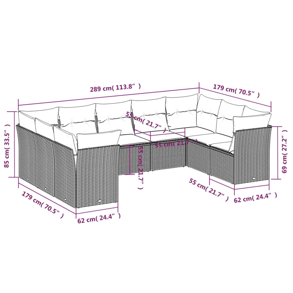 Set Divani da Giardino 9pz con Cuscini Marrone in Polyrattan 3249972